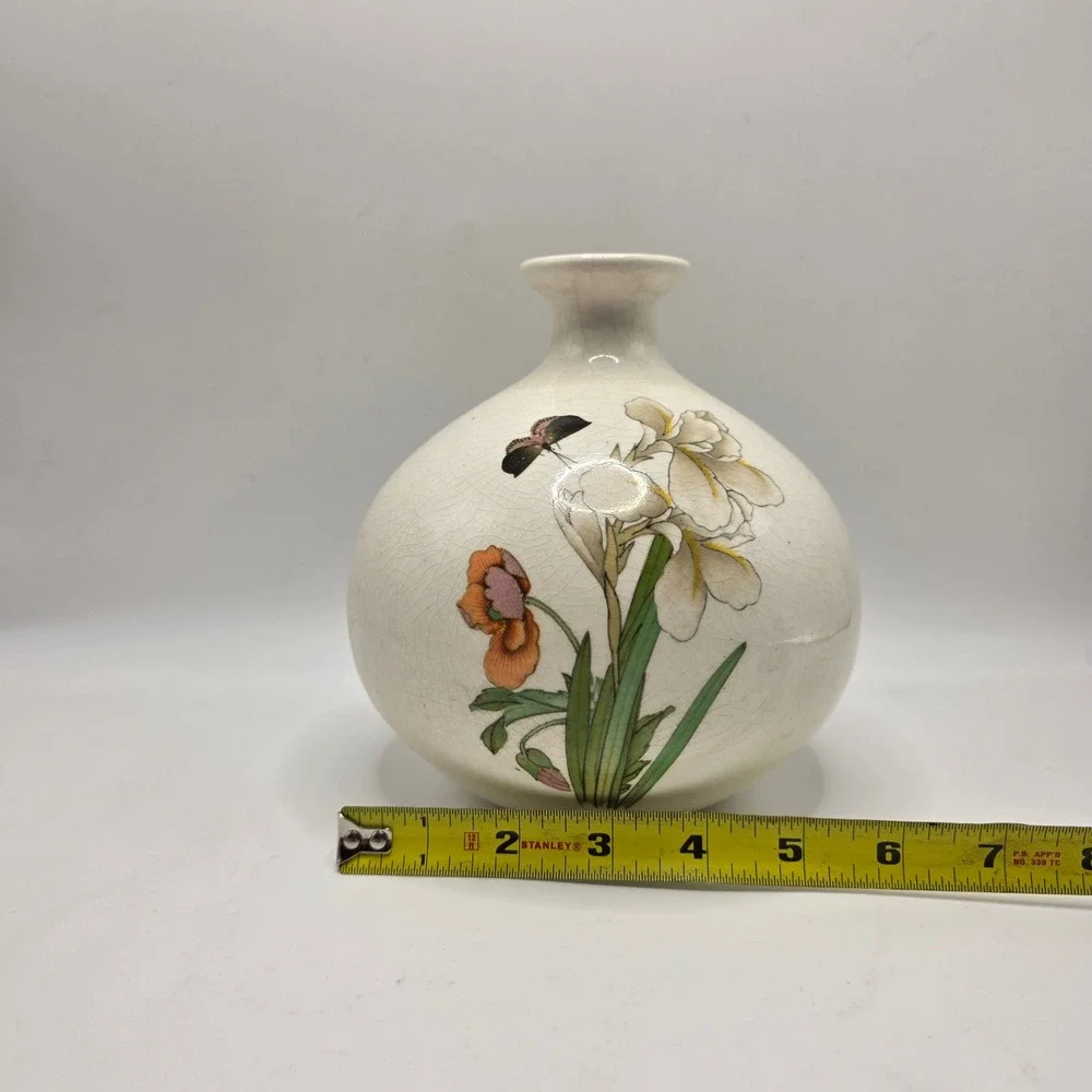 Vintage Satsuma Style Crackle Glaze Bud Vase Iris Butterfly Floral Ceramic Japan